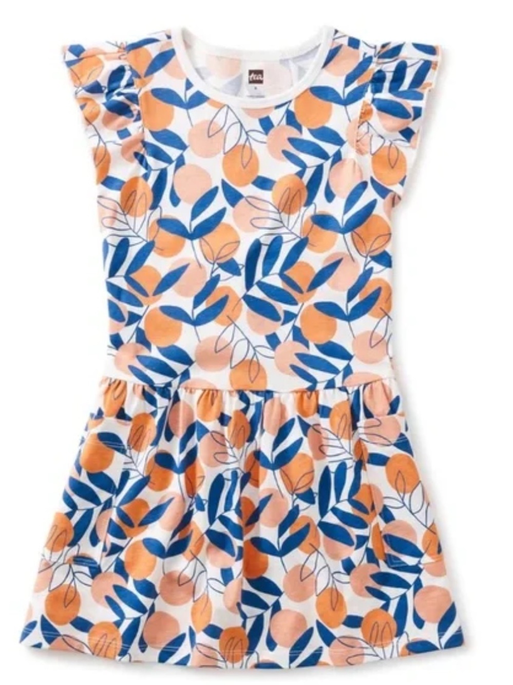 Tea Orange Leaf Print Flutter Sleeve Dress